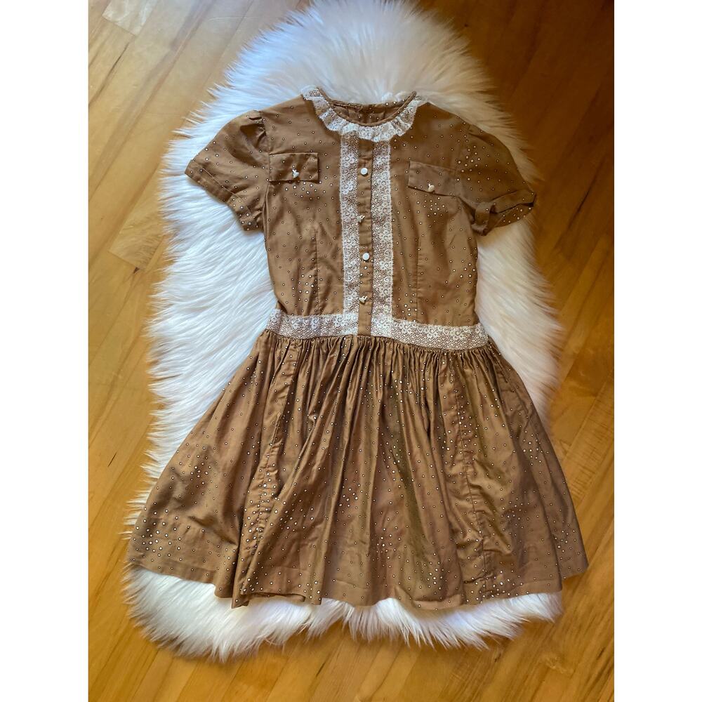 Vintage 1950s Drop Waist Brown w/ White Dot Dress, 5T